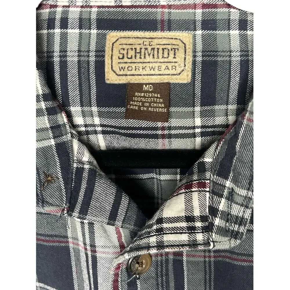 CE SCHMIDT Shirt Mens Medium Blue Green Plaid Button Up Heavy Cotton Workwear - Picture 2 of 4